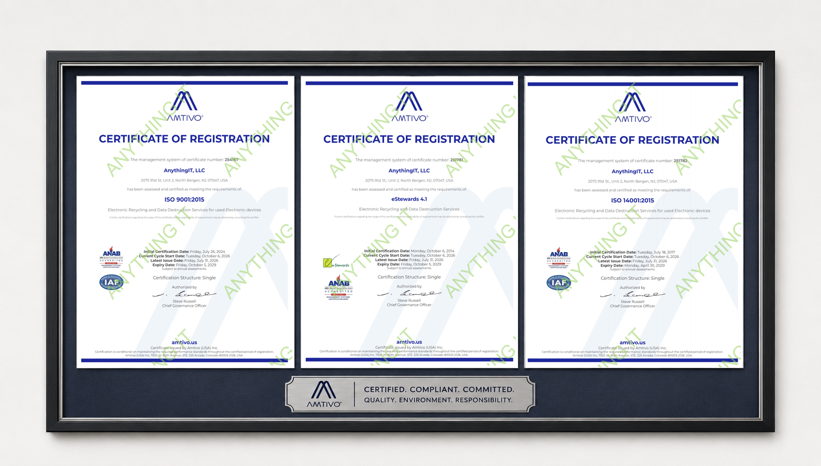 AnythingIT 2026 certification display showing ISO 9001:2015, e-Stewards 4.1, and ISO 14001:2015 certificates side by side