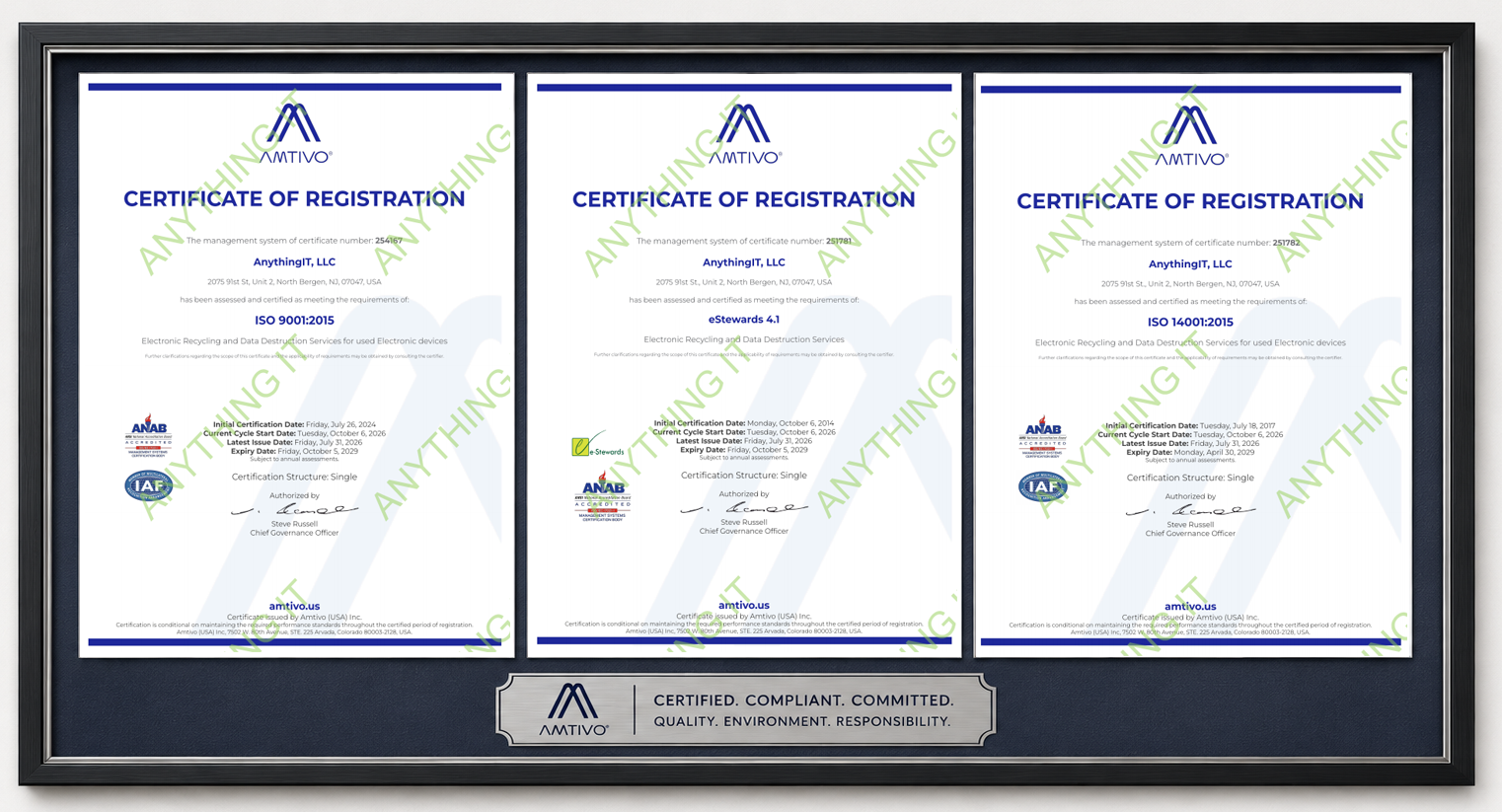 AnythingIT 2026 certification display showing ISO 9001:2015, e-Stewards 4.1, and ISO 14001:2015 certificates side by side